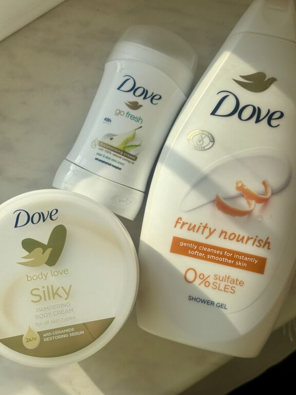 Dove shower gel, body cream, deodorant